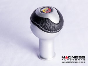 FIAT 500 Gear Shift Knob - Black Italy - Silver Base/ Black Leather Top + ABARTH Logo - V2